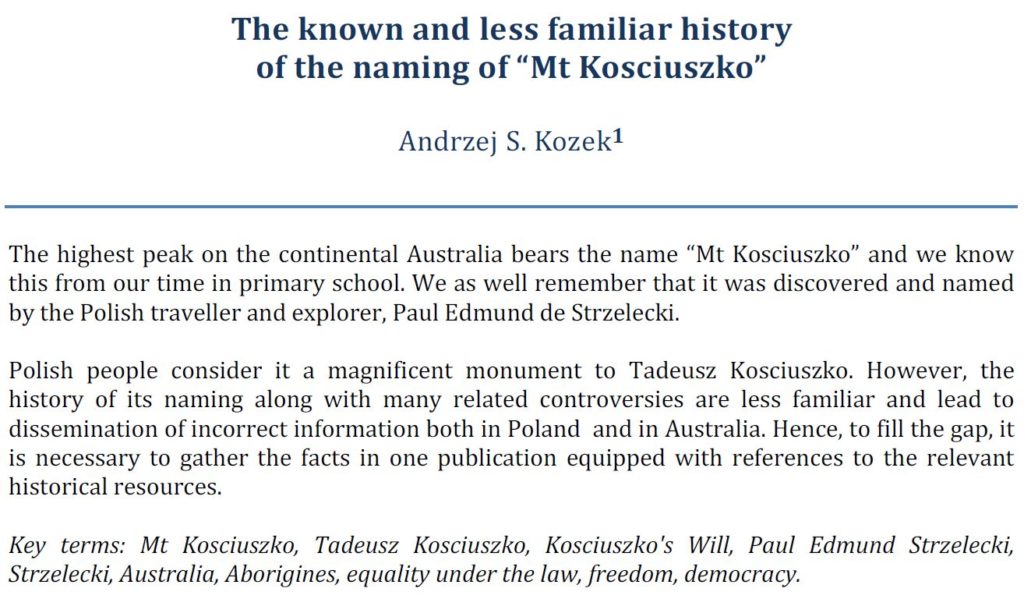 The known and less familiar history of the naming of “Mt Kosciuszko”